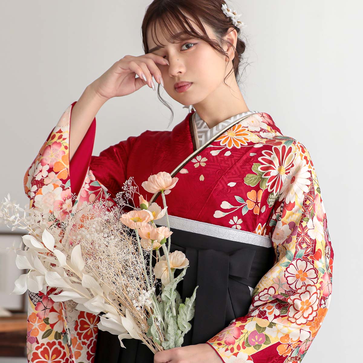白赤 束熨斗花 絹 レンタル 振袖袴 R1530 | 配送表示用 レンタル商品
