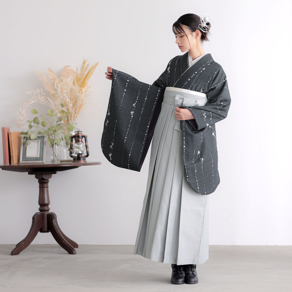  【SALE】 墨黒　星くずに七宝 レンタル 大学生袴 G1032