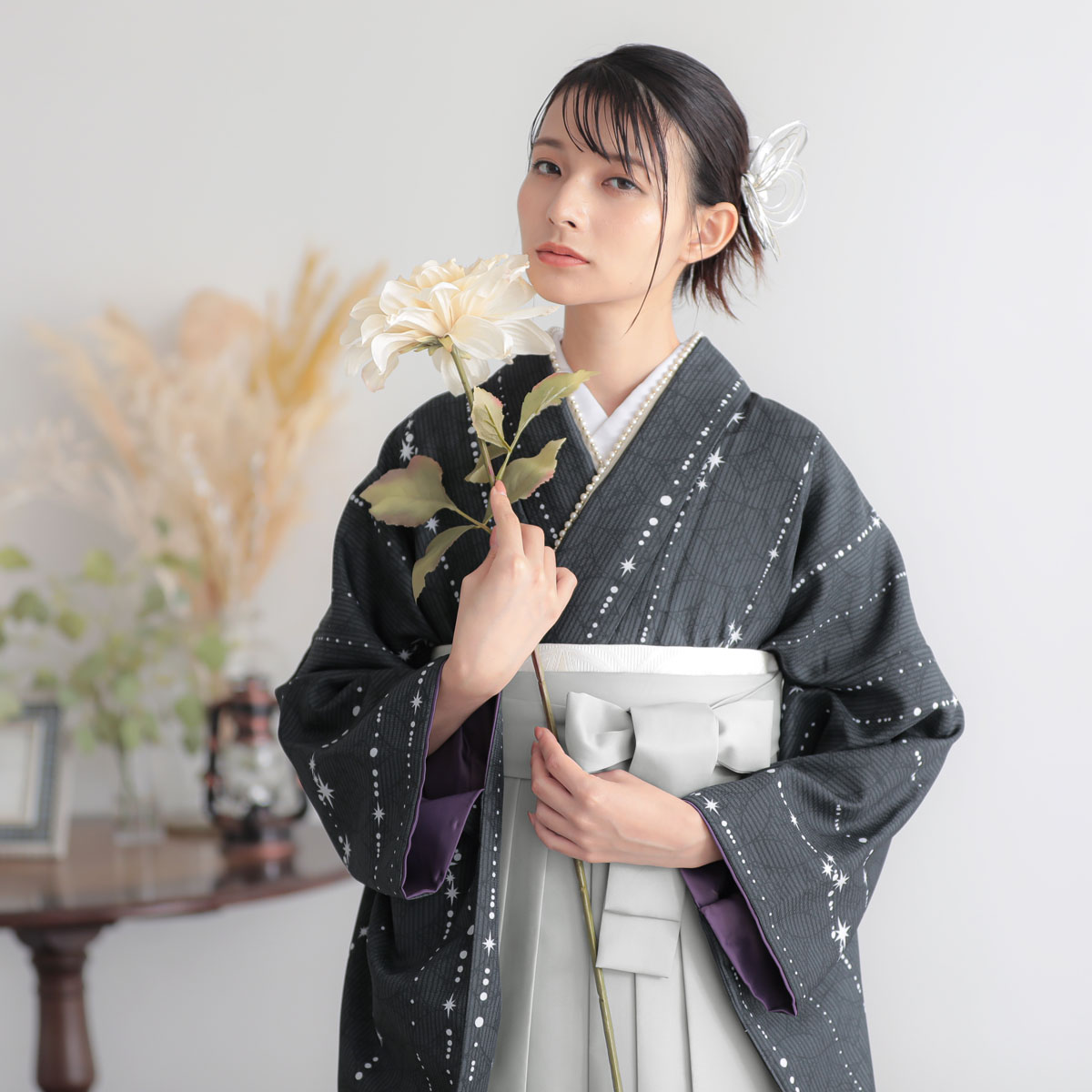  【SALE】 墨黒　星くずに七宝 レンタル 大学生袴 G1032