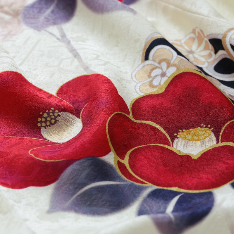 Vサンク クリーム　赤椿に花丸文 レンタル 振袖袴 R1987