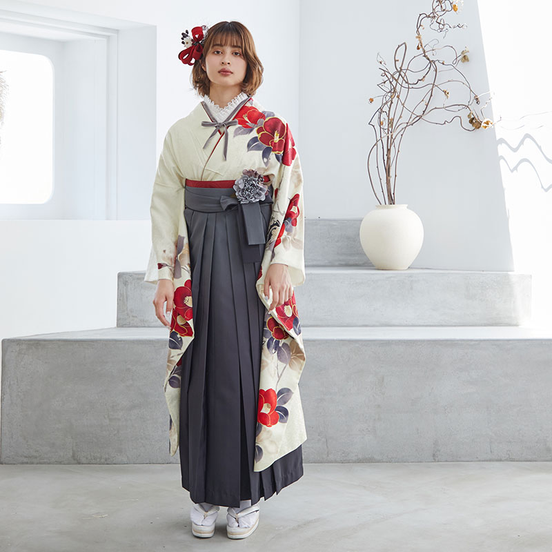 Vサンク クリーム　赤椿に花丸文 レンタル 振袖袴 R1987
