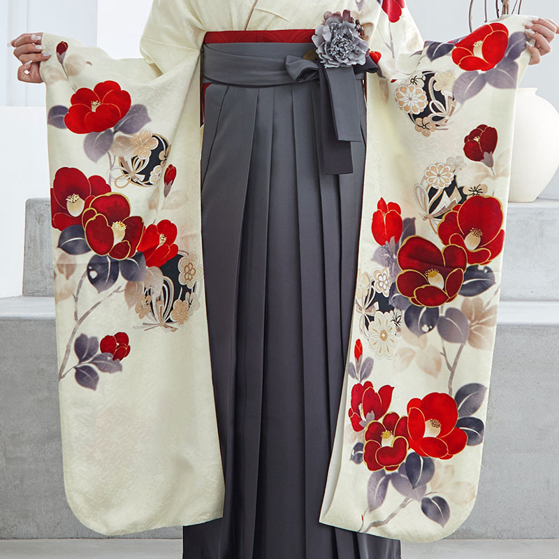 Vサンク クリーム　赤椿に花丸文 レンタル 振袖袴 R1987