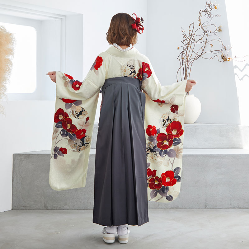 Vサンク クリーム　赤椿に花丸文 レンタル 振袖袴 R1987