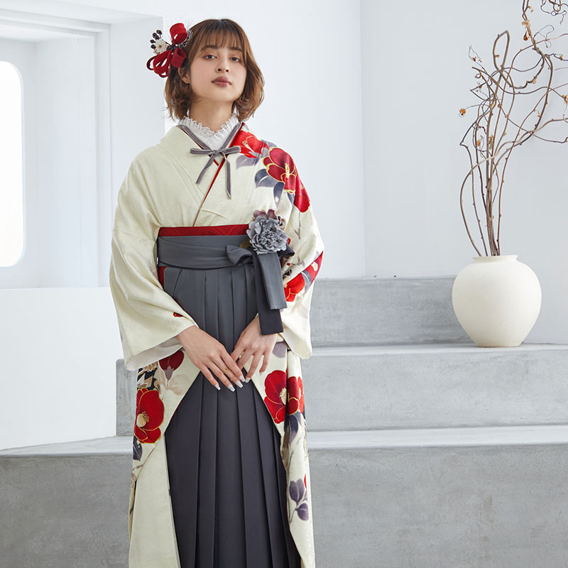 Vサンク クリーム　赤椿に花丸文 レンタル 振袖袴 R1987