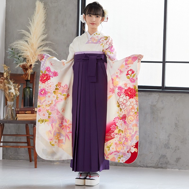 SALE】 白 慶長牡丹に丸紋 絹 宅 Web限定商品 レンタル 振袖袴 R1124