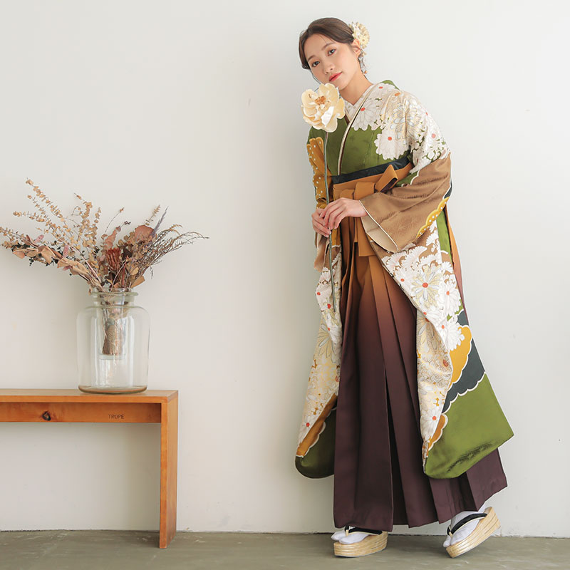 Vサンク 抹茶 雲取りに菊 レンタル 振袖袴 R1984
