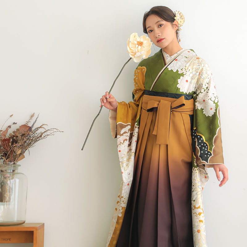 Vサンク 抹茶 雲取りに菊 レンタル 振袖袴 R1984