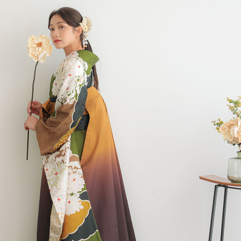 Vサンク 抹茶 雲取りに菊 レンタル 振袖袴 R1984