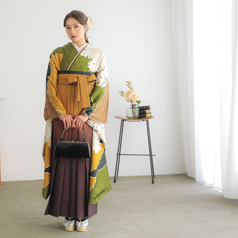 Vサンク 抹茶 雲取りに菊 レンタル 振袖袴 R1984
