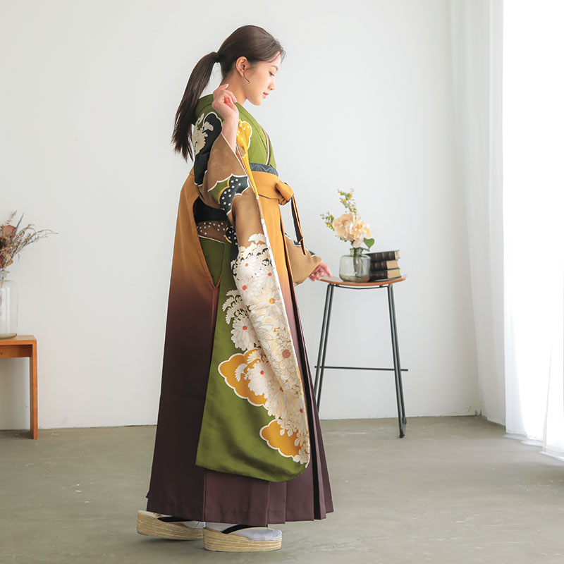 Vサンク 抹茶 雲取りに菊 レンタル 振袖袴 R1984