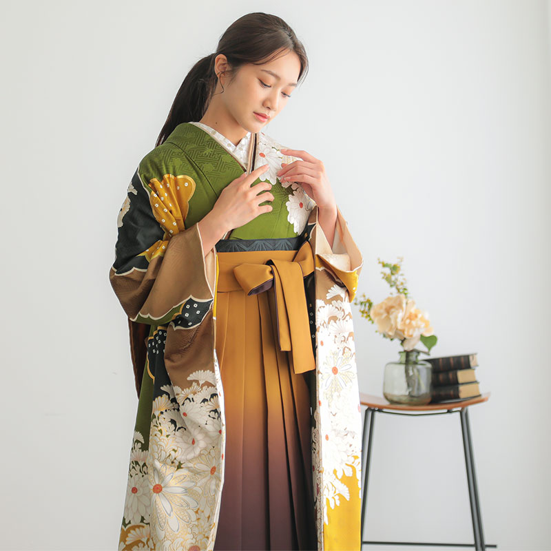 Vサンク 抹茶 雲取りに菊 レンタル 振袖袴 R1984