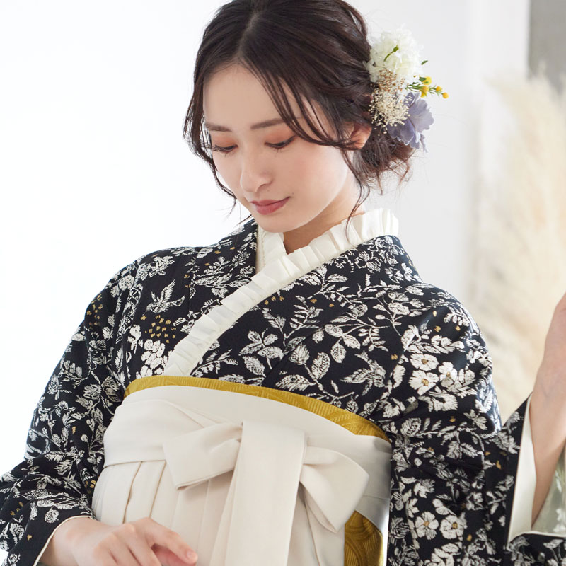Kami Shibai 黒 草花と小鳥 レンタル 振袖袴 R1953
