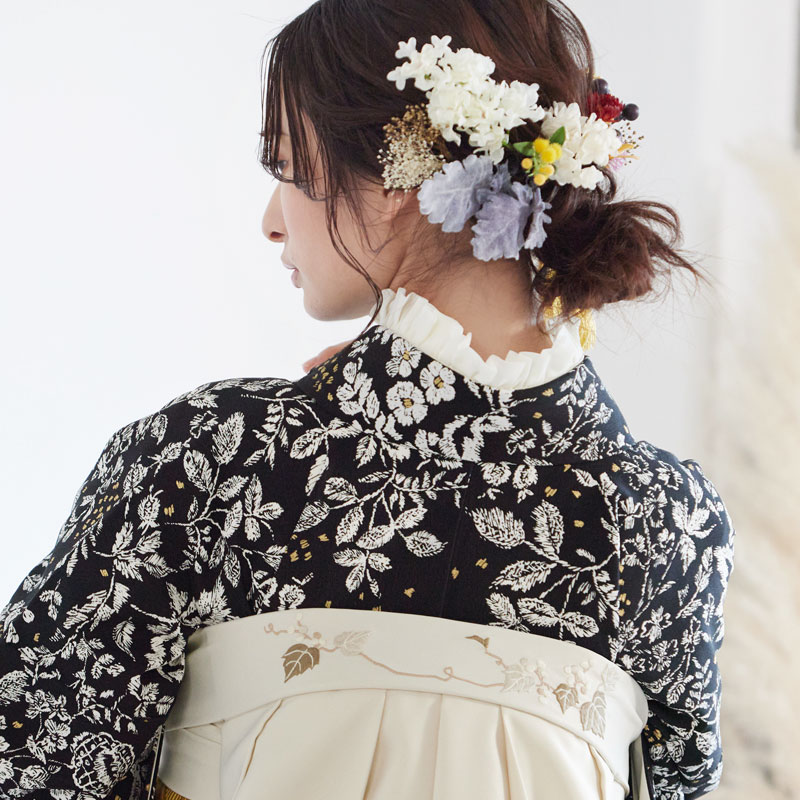 Kami Shibai 黒 草花と小鳥 レンタル 振袖袴 R1953