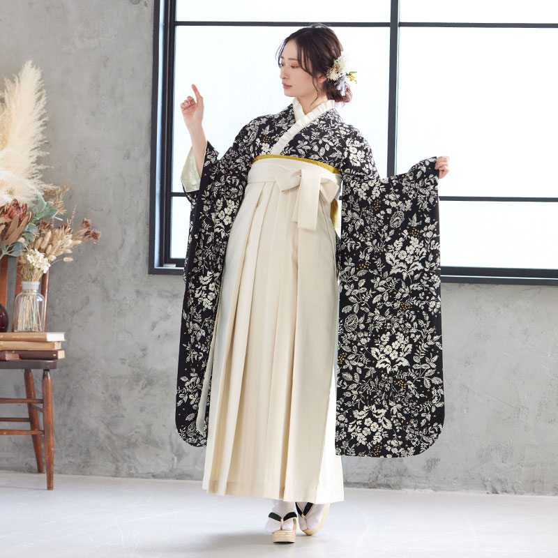 Kami Shibai 黒 草花と小鳥 レンタル 振袖袴 R1953