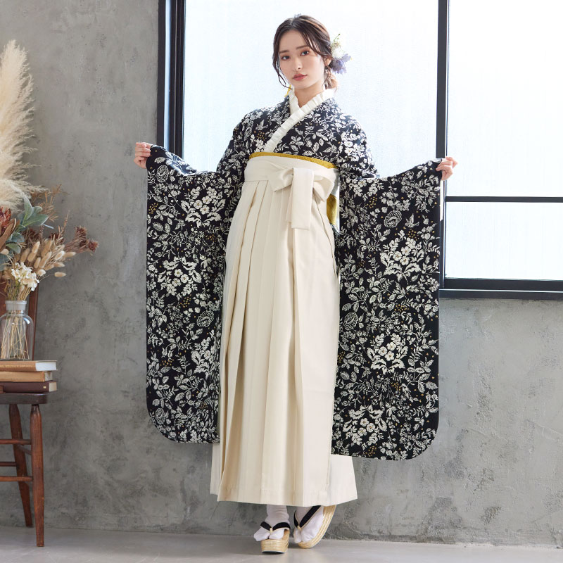 Kami Shibai 黒 草花と小鳥 レンタル 振袖袴 R1953