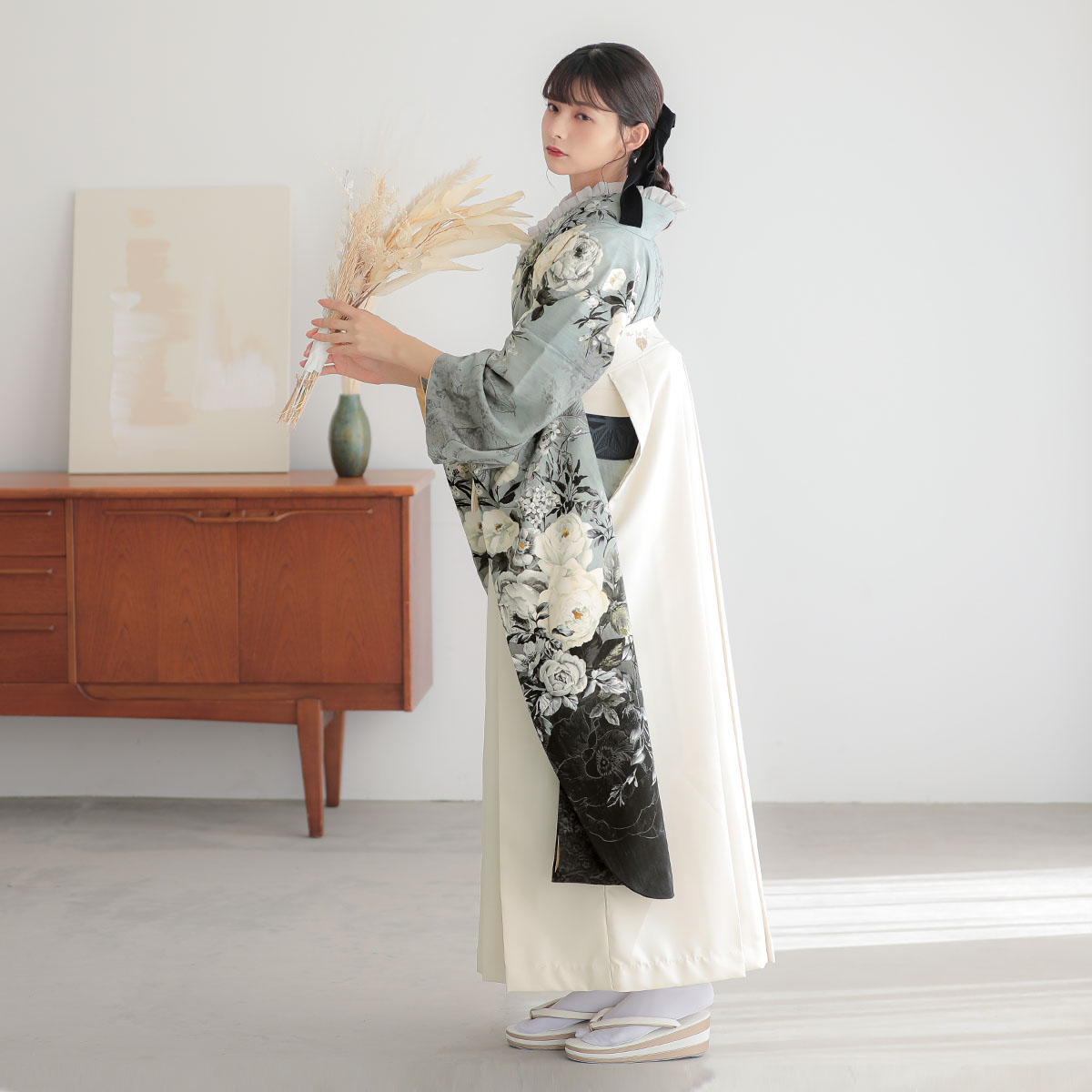 JILL STUART グレー×黒　ヴィンテージローズ レンタル 振袖袴 R2128