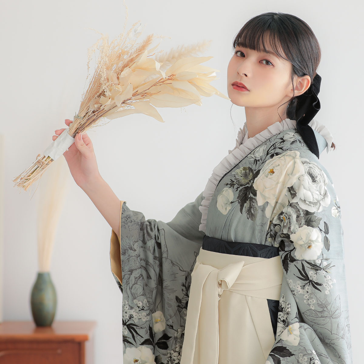 JILL STUART グレー×黒　ヴィンテージローズ レンタル 振袖袴 R2128