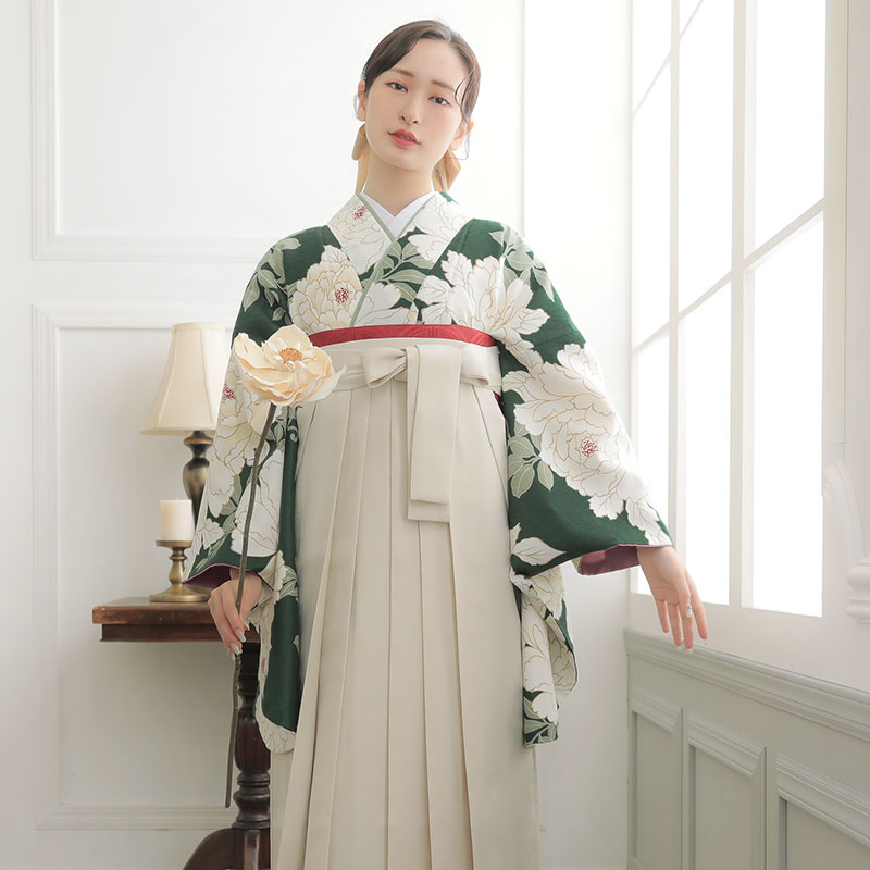  【SALE】 グリーン　白牡丹 レンタル 大学生袴 G982