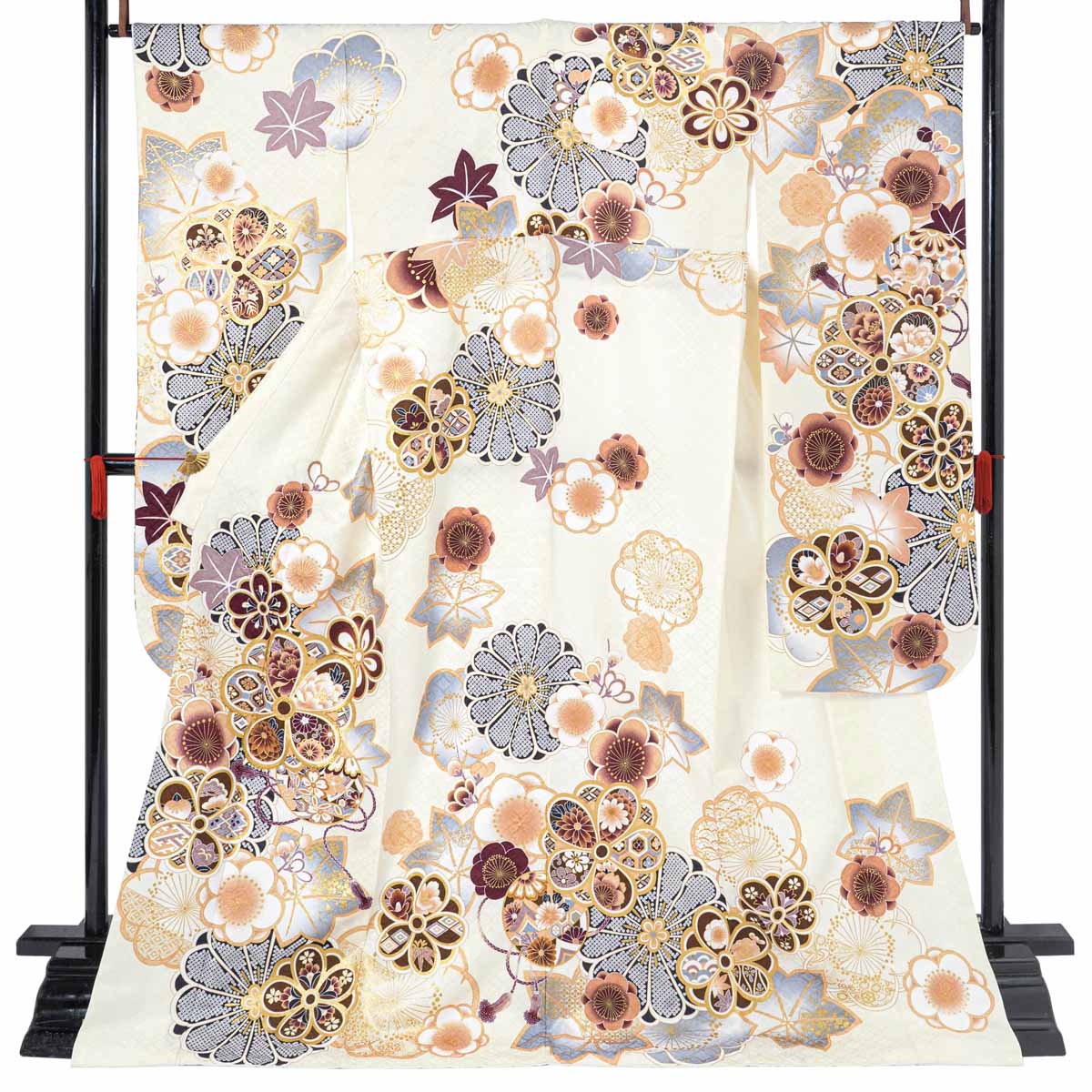  オフホワイト　梅に楓と手毬 レンタル 振袖袴 R2127