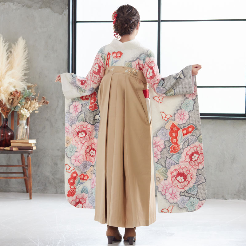 白×グレー 総絞り 胡蝶に牡丹 レンタル 振袖袴 R1942