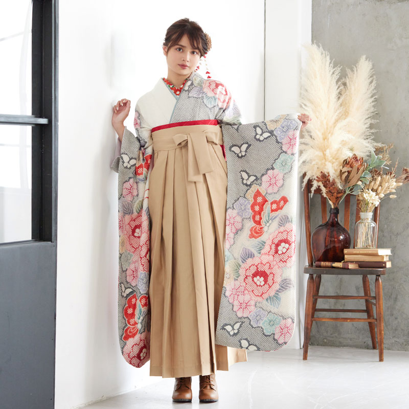 白×グレー 総絞り 胡蝶に牡丹 レンタル 振袖袴 R1942