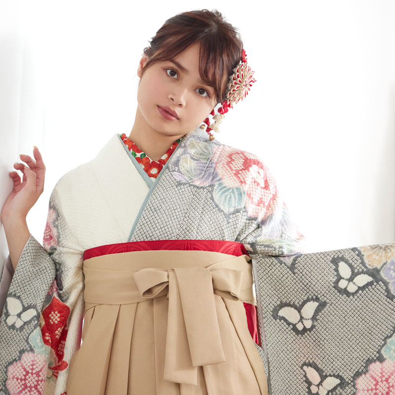白×グレー 総絞り 胡蝶に牡丹 レンタル 振袖袴 R1942
