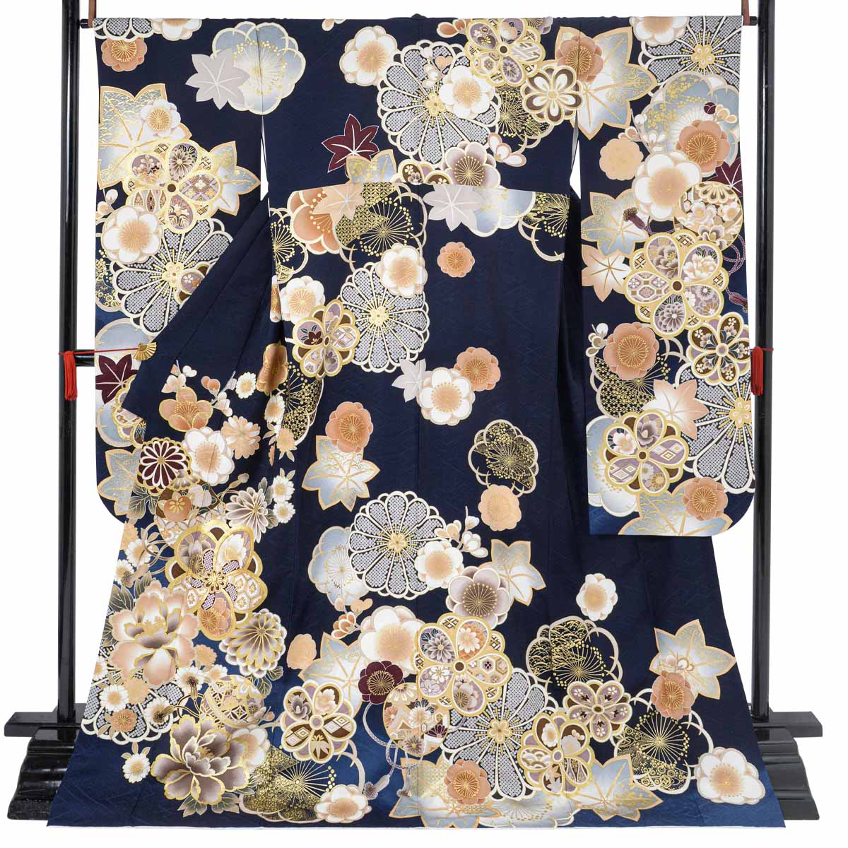  紺　梅と牡丹に鈴と手毬 レンタル 振袖袴 R2126