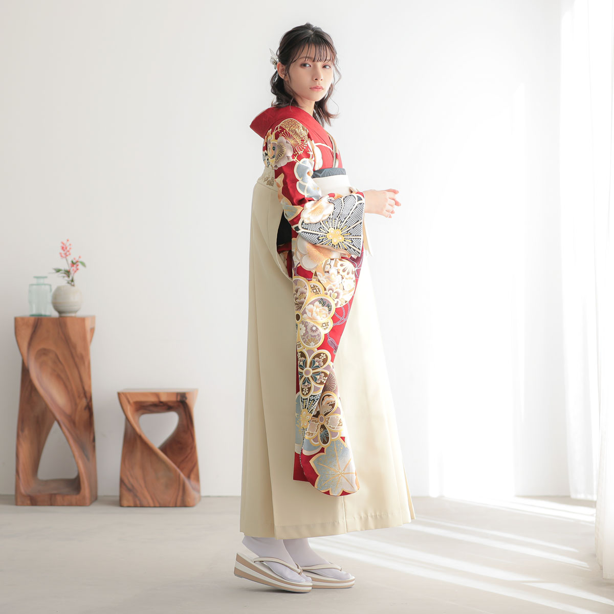  赤　牡丹梅 レンタル 振袖袴 R2125