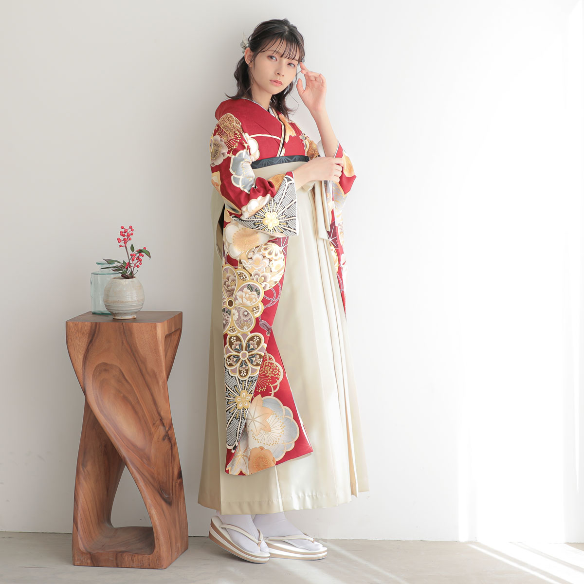  赤　牡丹梅 レンタル 振袖袴 R2125