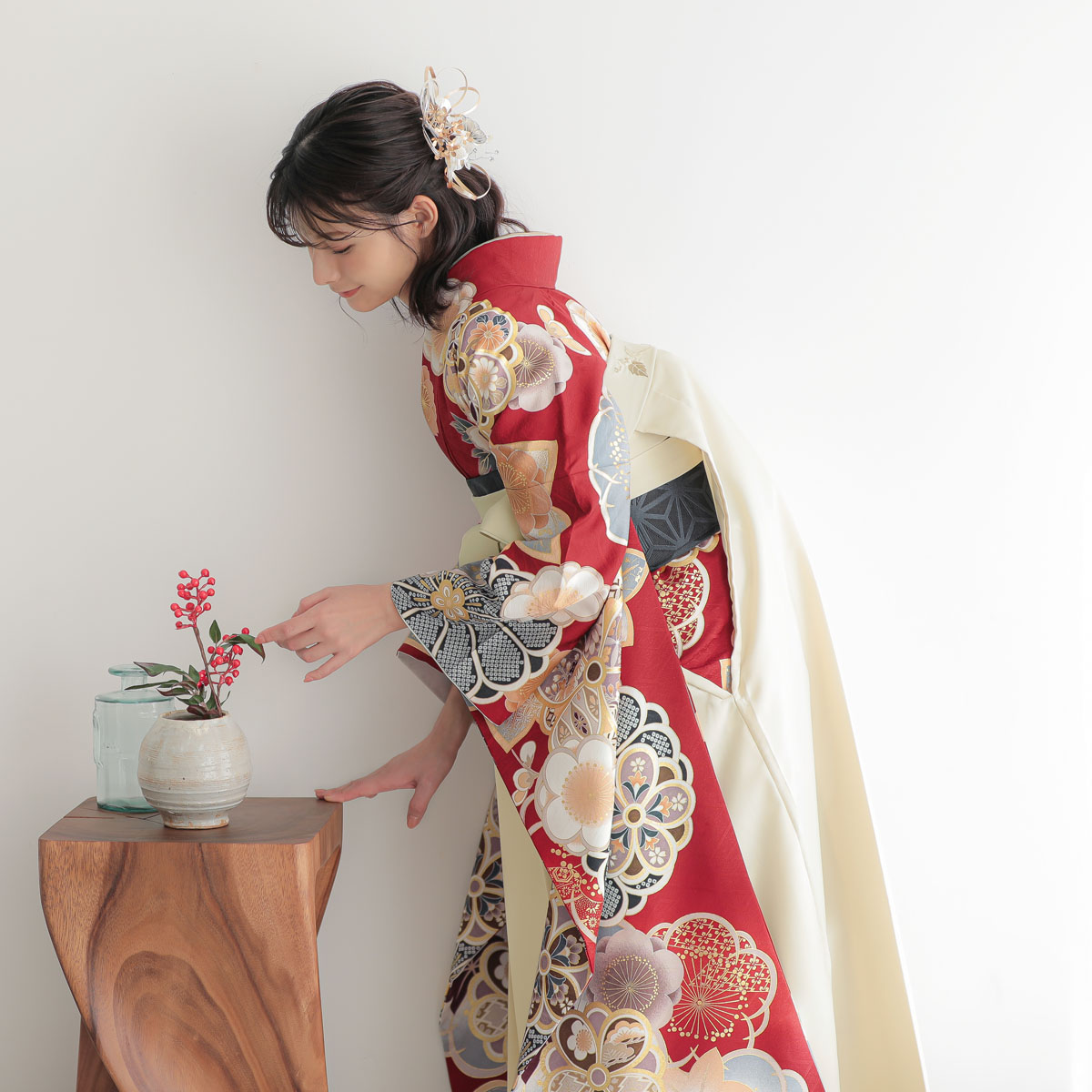  赤　牡丹梅 レンタル 振袖袴 R2125