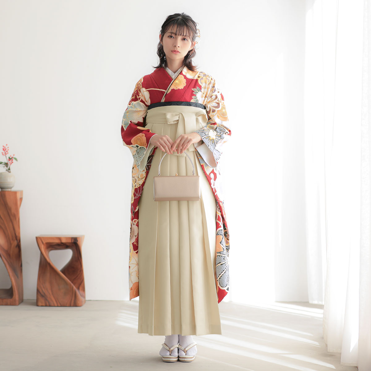  赤　牡丹梅 レンタル 振袖袴 R2125