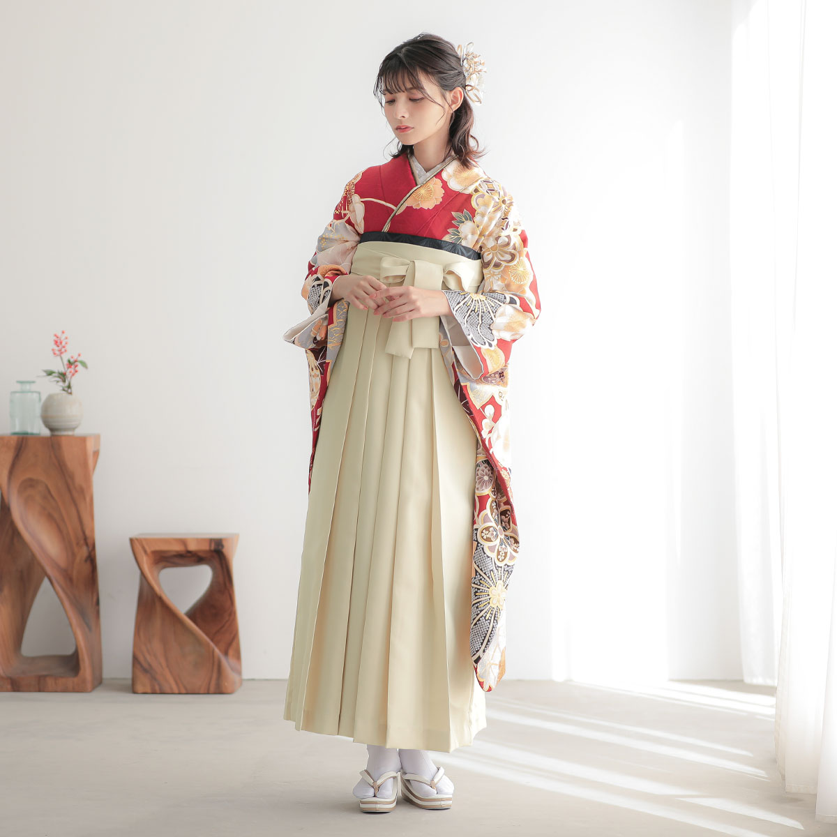  赤　牡丹梅 レンタル 振袖袴 R2125