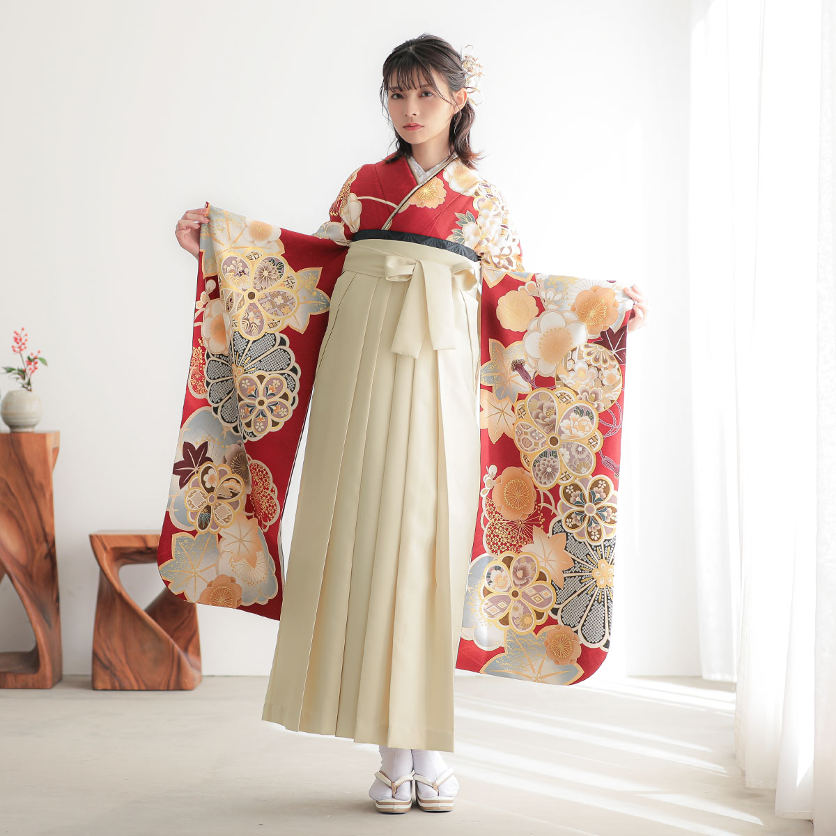  赤　牡丹梅 レンタル 振袖袴 R2125