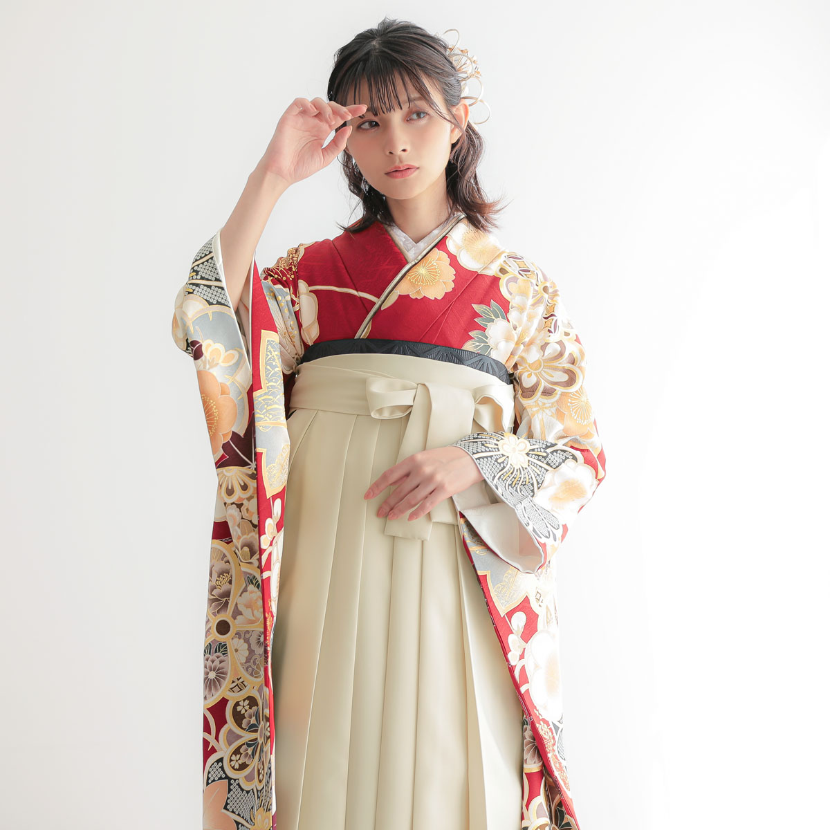  赤　牡丹梅 レンタル 振袖袴 R2125