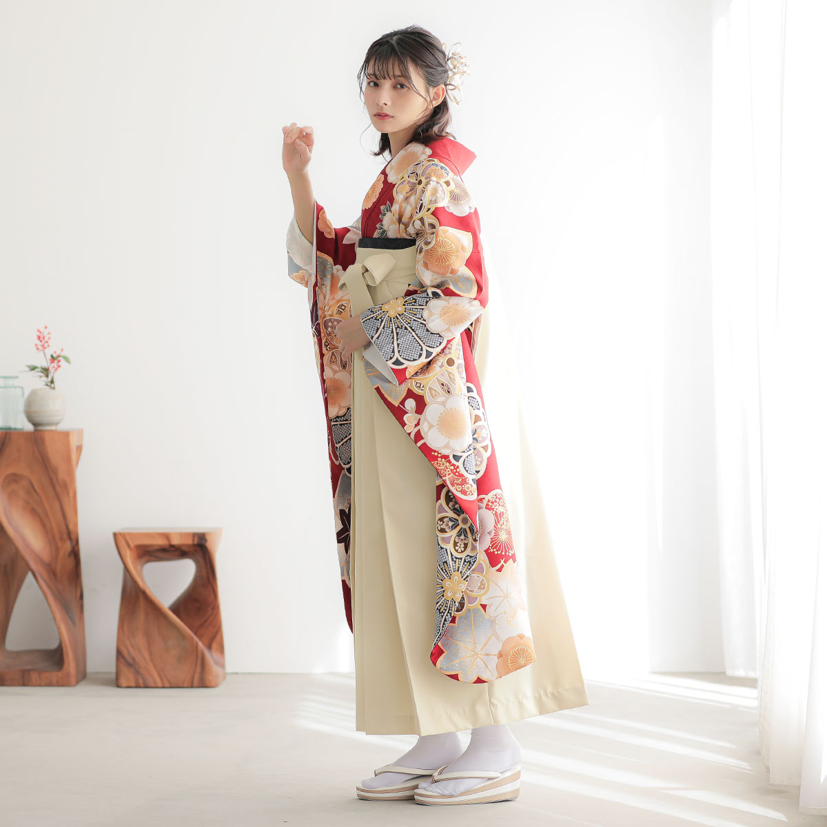  赤　牡丹梅 レンタル 振袖袴 R2125
