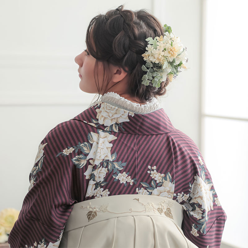 プラム　ストライプブーケ A347 レンタル 大学生袴 G965