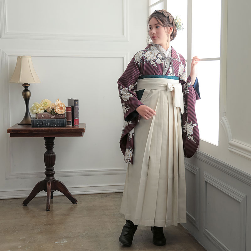 プラム　ストライプブーケ A347 レンタル 大学生袴 G965