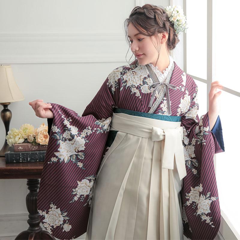 プラム　ストライプブーケ A347 レンタル 大学生袴 G965