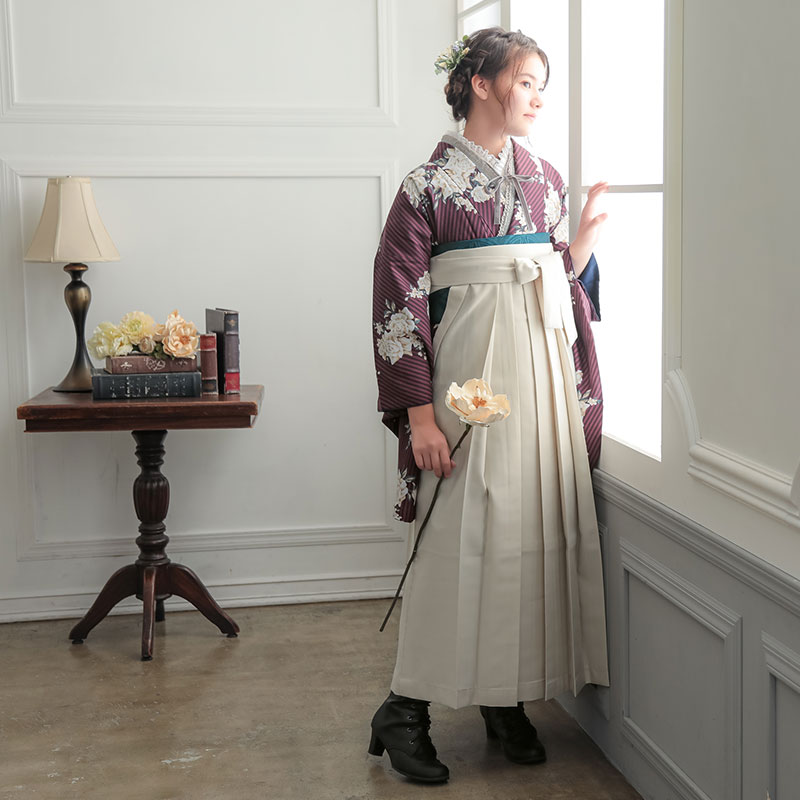 プラム　ストライプブーケ A347 レンタル 大学生袴 G965