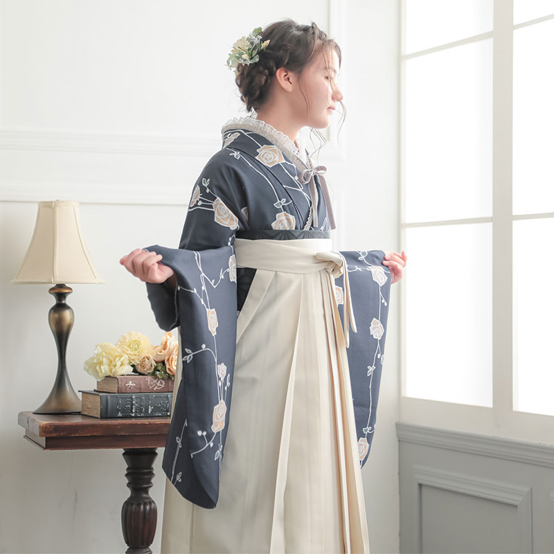  【SALE】 墨紺色　ばら A343 レンタル 大学生袴 G961