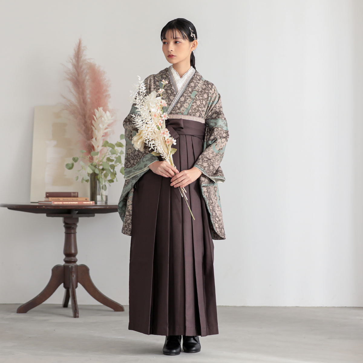  【SALE】 ベージュ×水色　縞更紗 レンタル 大学生袴 G955