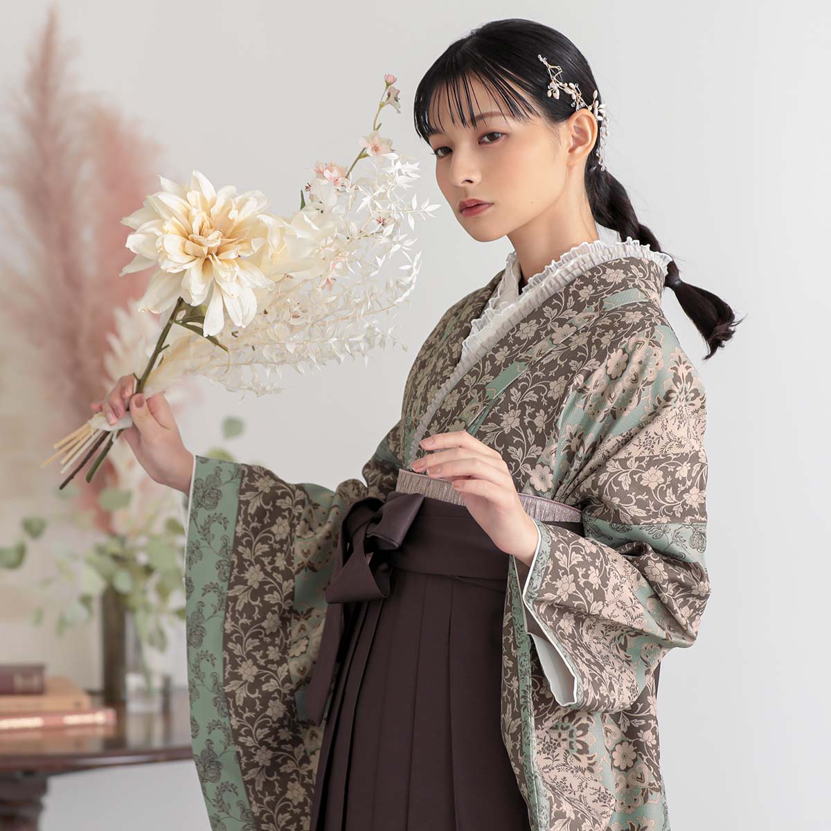  【SALE】 ベージュ×水色　縞更紗 レンタル 大学生袴 G955