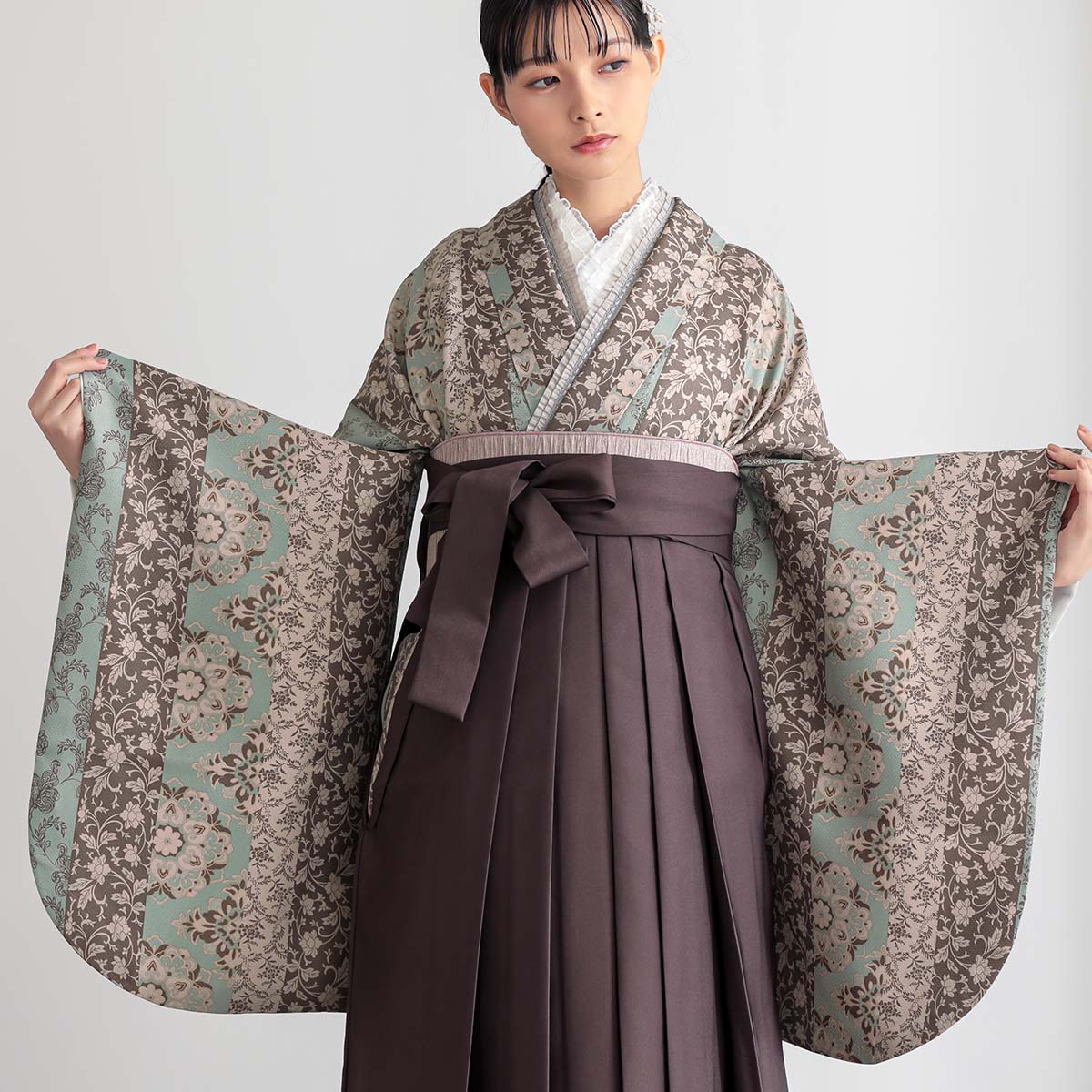  【SALE】 ベージュ×水色　縞更紗 レンタル 大学生袴 G955