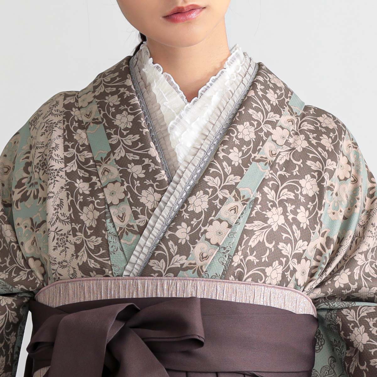  【SALE】 ベージュ×水色　縞更紗 レンタル 大学生袴 G955