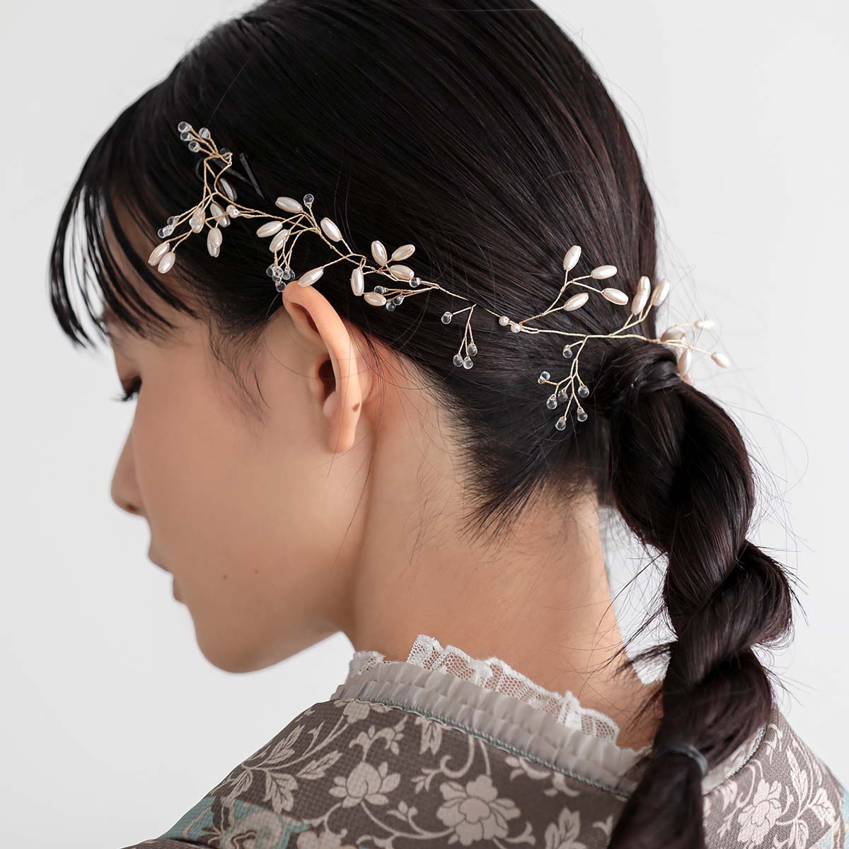  【SALE】 ベージュ×水色　縞更紗 レンタル 大学生袴 G955