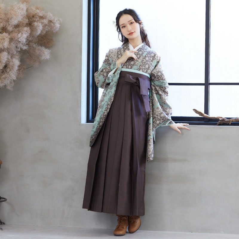  【SALE】 ベージュ×水色　縞更紗 レンタル 大学生袴 G955