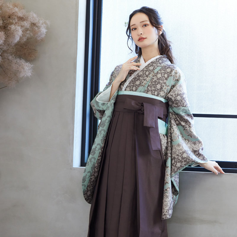  【SALE】 ベージュ×水色　縞更紗 レンタル 大学生袴 G955