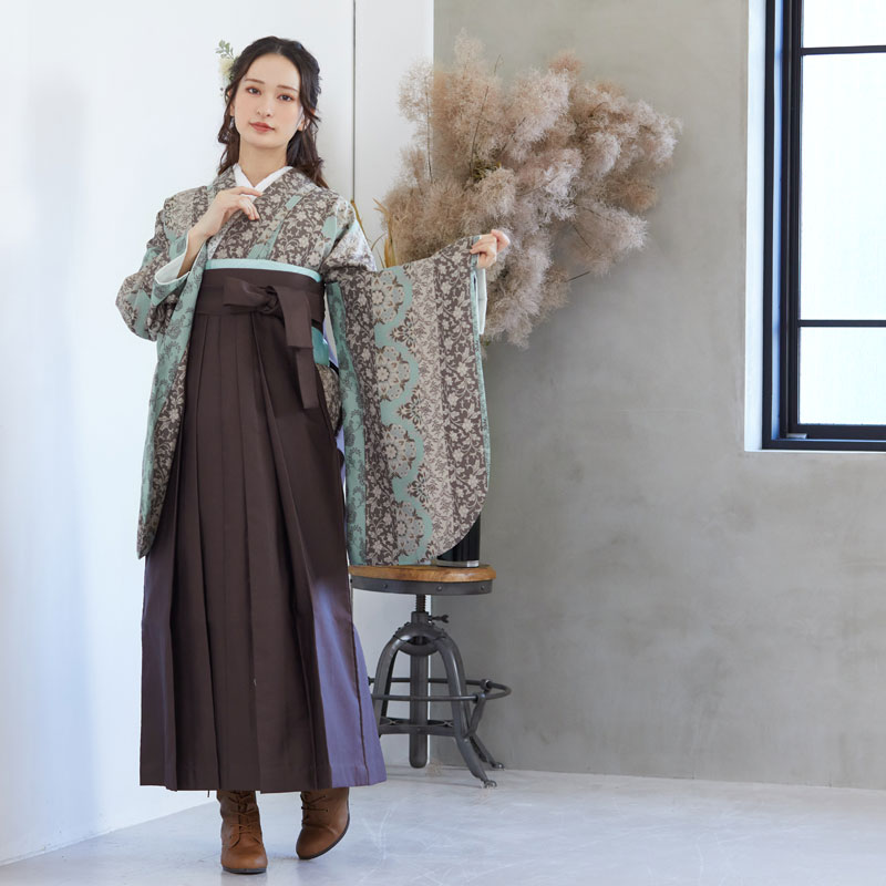  【SALE】 ベージュ×水色　縞更紗 レンタル 大学生袴 G955