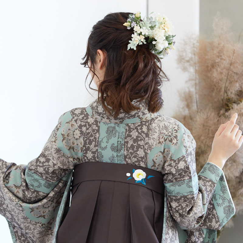  【SALE】 ベージュ×水色　縞更紗 レンタル 大学生袴 G955