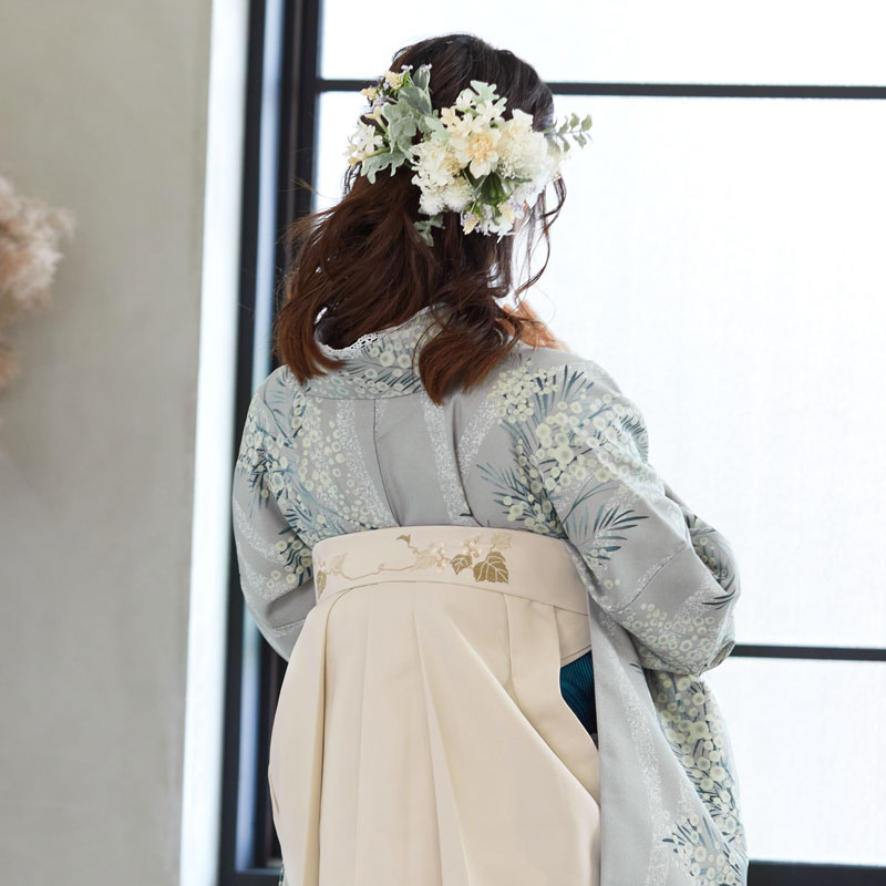  【SALE】 薄グレー　立湧にミモザ レンタル 大学生袴 G949